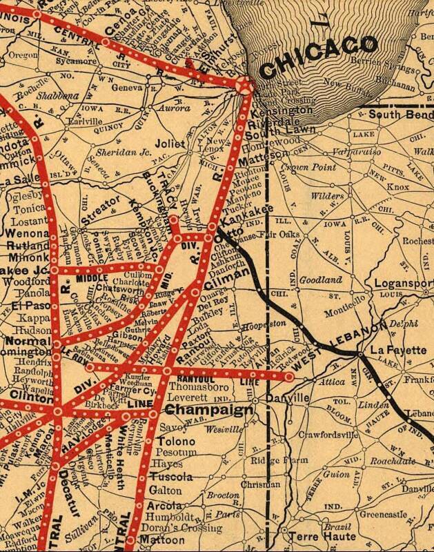 1892 map of the Illinois Central Railroad from the Library of Congress, https://commons.wikimedia.org/wiki/File:1892_IC.jpg