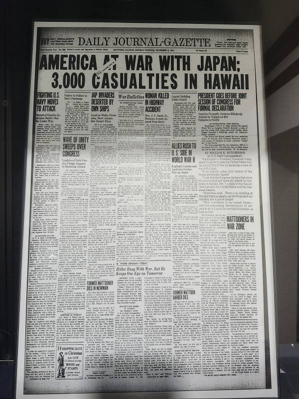 Front page of the 'Daily Journal-Gazette' on 8 December 1941.