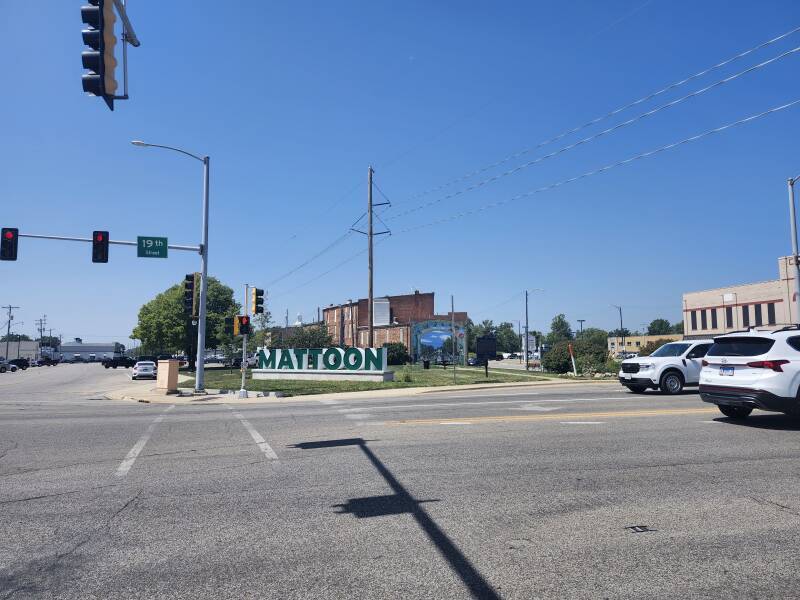 Large 'Mattoon' sign at the intersection of Broadway and North 19th Street / U.S. 45.