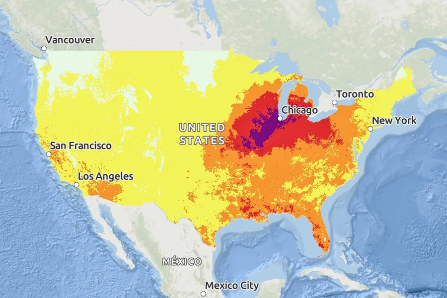 NWS map of heat risk on the day of my visit, 'The NWS HeatRisk map for Tuesday, August 27th, 2024. NOAA/NWS/OpenStreetMap (CC BY-SA 2.0)'.