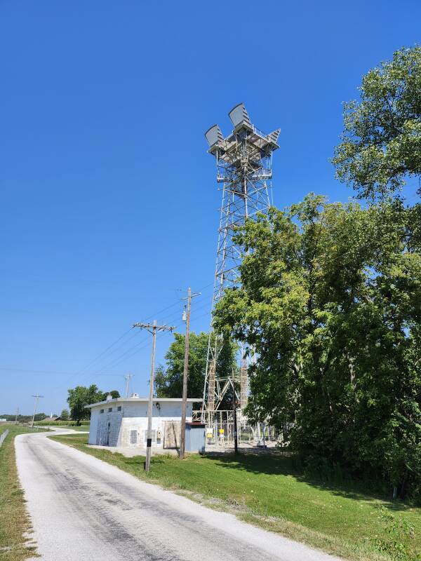 Microwave relay tower with four horn antennas along U.S. 45 near its intersection with I-57, a short distance south of Mattoon.