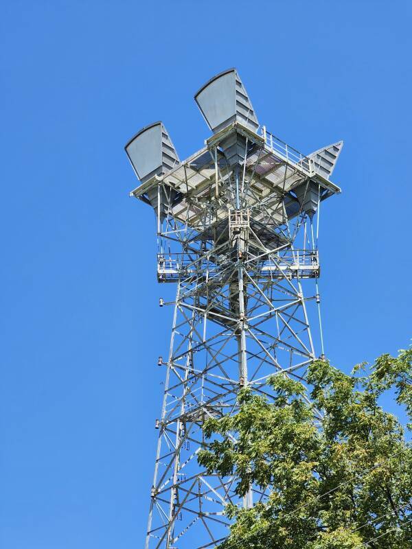 Microwave relay tower with four horn antennas along U.S. 45 near its intersection with I-57, a short distance south of Mattoon.