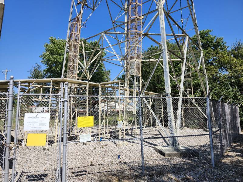 Microwave relay tower with four horn antennas along U.S. 45 near its intersection with I-57, a short distance south of Mattoon.