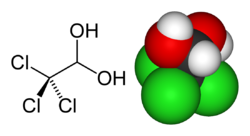 Chloral hydrate molecule, 2,2,2-trichloroethane-1,1-diol.