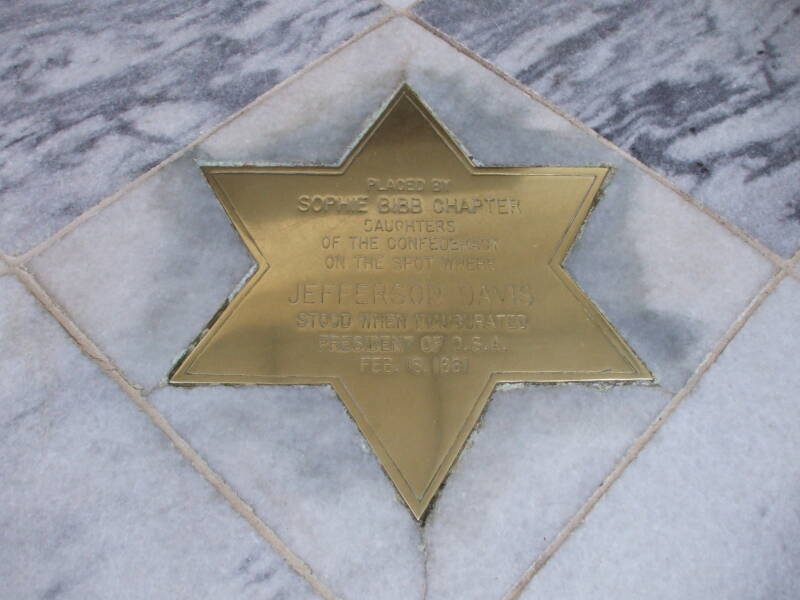 Gold star where Jefferson Davis and George Wallace stood to be sworn in at top of steps at Alabama State Capitol in Montgomery, Alabama.