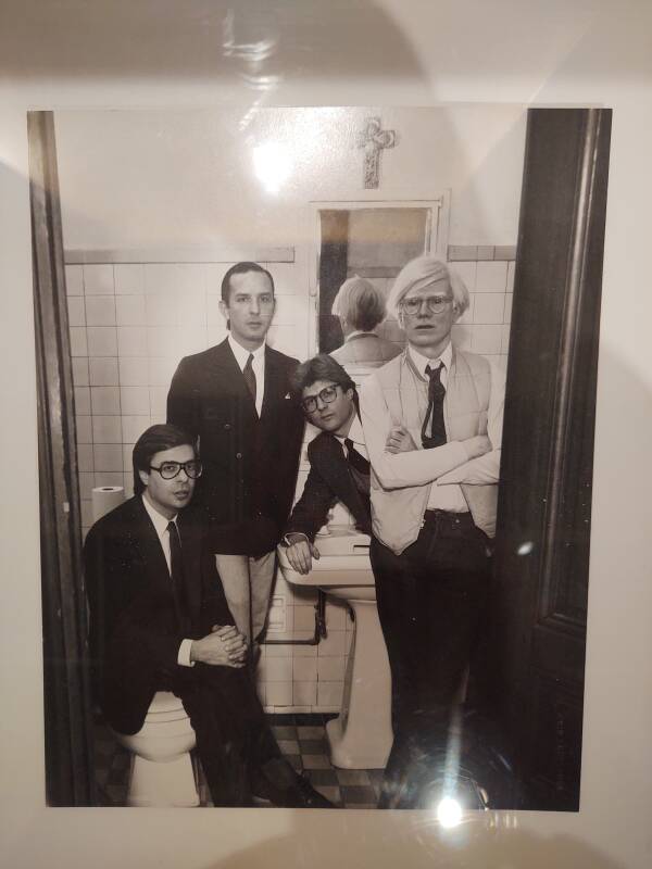 Andy Warhol and three other contemporary artists crowded into Andy's bathroom.