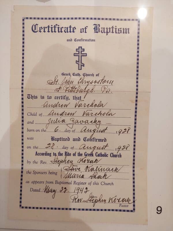 Andy Warhol's certificate of baptism and confirmation.
