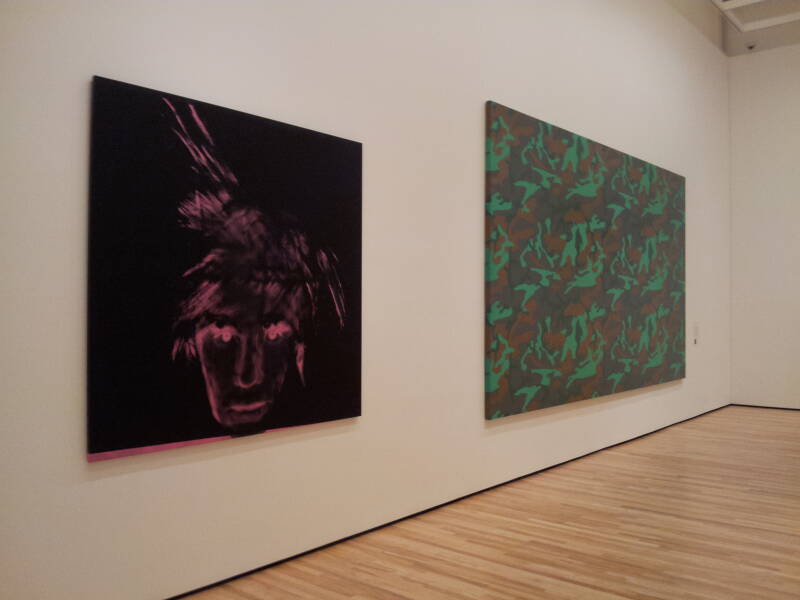 A self-portrait and 'Camouflage' by Andy Warhol.