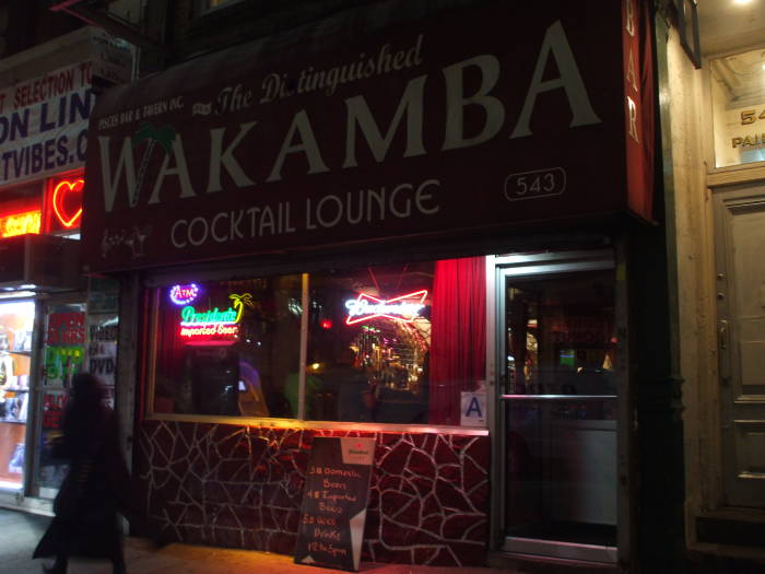 Exterior of The Distinguished Wakamba Cocktail Lounge at 543 8th Avenue between 37th and 38th Streets.
