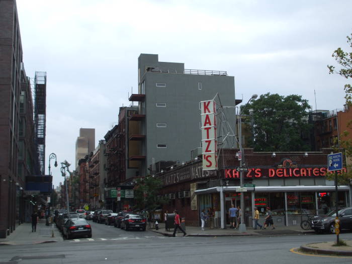 Ludlow Street and the exterior of Katz' Deli on Houston, on the Lower East Side in New York.