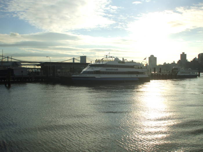 Pier 11, the Gouverneur Lane ferry terminal, Brooklyn and Manhattan Bridges, Brooklyn skyline.