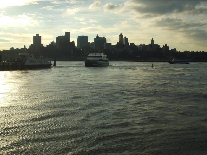 Gouverneur Lane ferry terminal, Brooklyn and Manhattan Bridges, Brooklyn skyline.