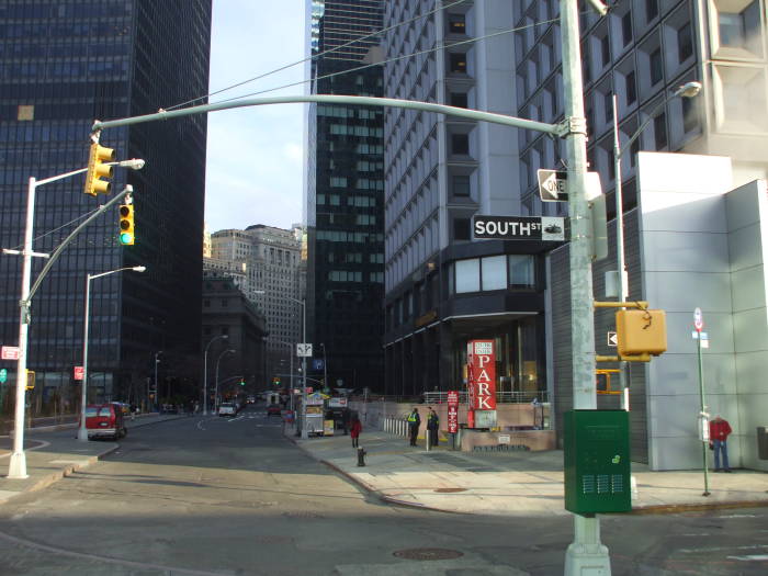 #1 New York Plaza, the corner of South Street and Whitehall, looking north on Whitehall.