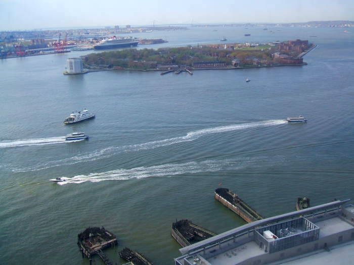 View over the Staten Island Ferry Terminal and Governors Island to the Verrazano Narrows.
