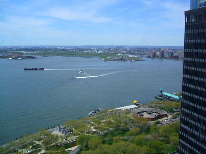 View over the Battery, Ellis Island, Pennsylvania Railroad Station at Exchange Place, Jersey City.