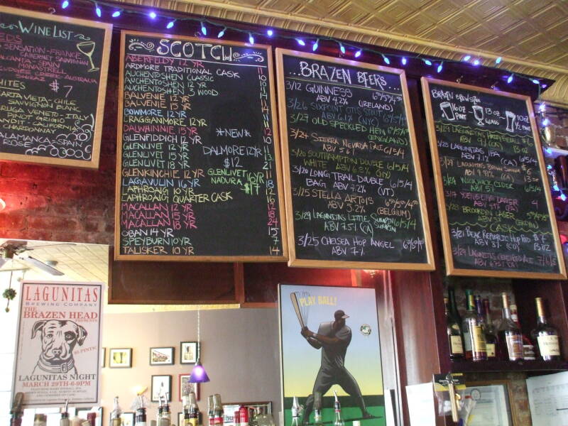 Interior, the beer and Scotch list at Brazen Head craft brew pub on Atlantic Avenue in Brooklyn, New York.