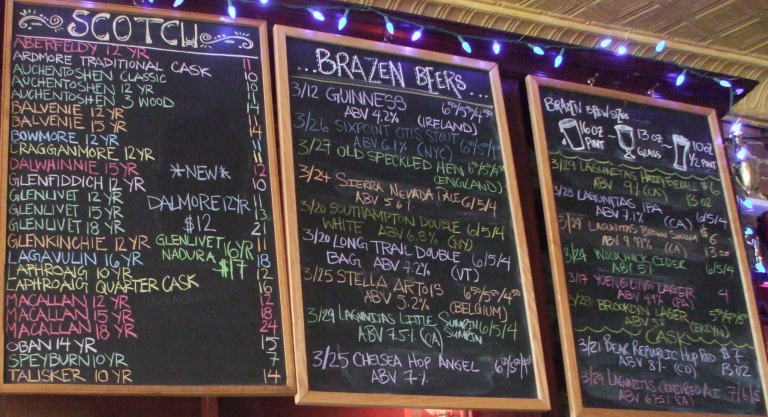 Beer and Scotch list at the Brazen Head craft beer pub.
