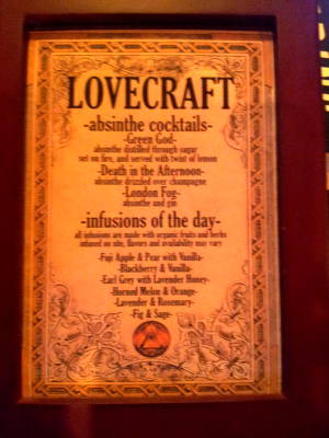 Drink menu in the Lovecraft Bar on the Lower East Side of Manhattan, 50 Avenue B.