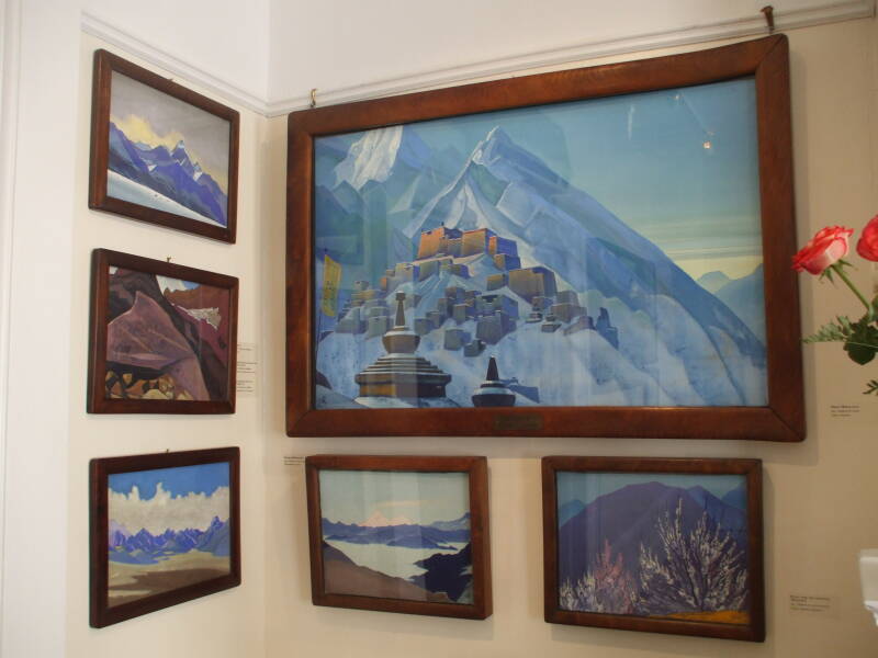 Himalayan mystic paintings by Nicholas Roerich.  Largest one titled 'Tibet. Himalayas', 1933, Tempera on canvas.