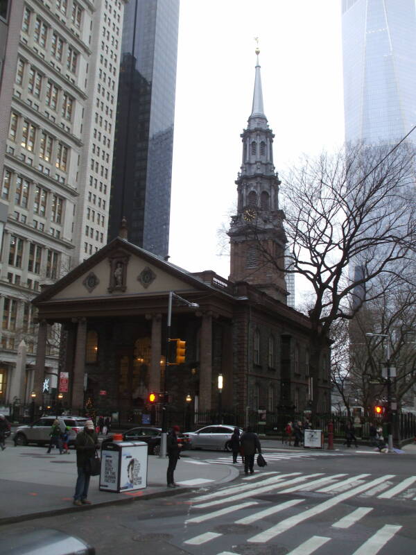 Saint Paul's Chapel in lower Manhattan, New York, with One World Trade Center in the background.