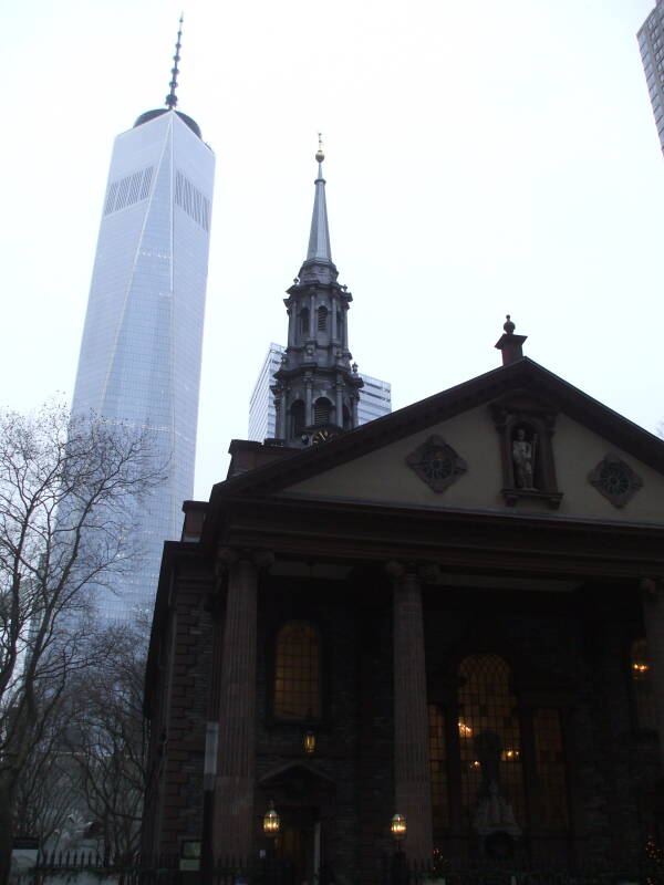 Saint Paul's Chapel in lower Manhattan, New York, with One World Trade Center in the background.