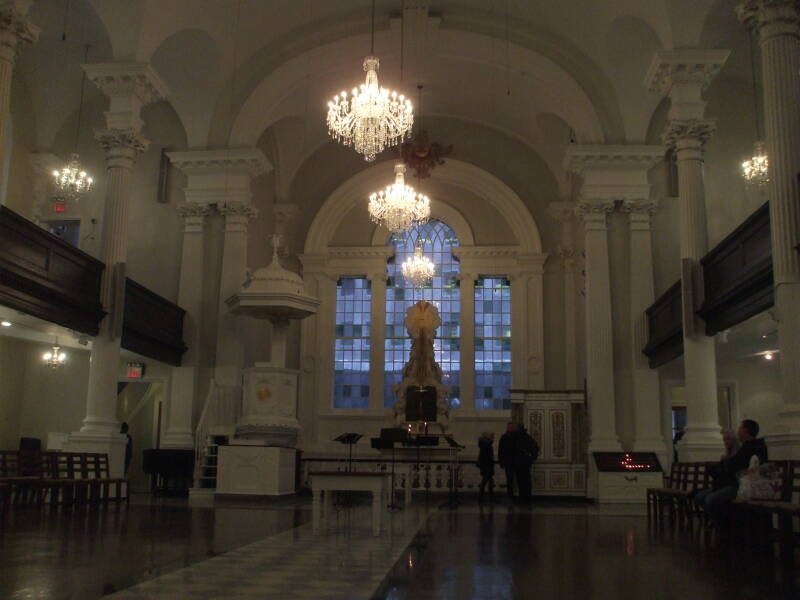 Interior of Saint Paul's Chapel in lower Manhattan, New York, view from rear to front.