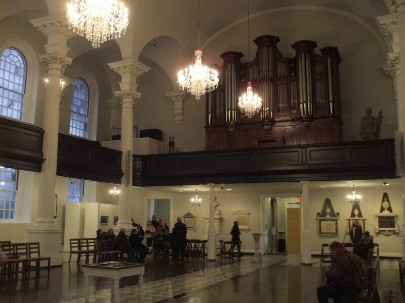 Interior of Saint Paul's Chapel in lower Manhattan, New York, view from front to rear.
