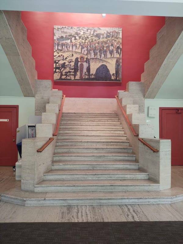Riverside Drive entry, lobby, and stairs in 'The Master', a residential hotel on Riverside Drive at 103rd street, incorporating a museum and art center.