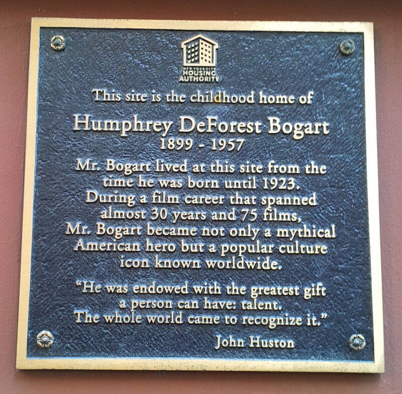 Plaque marking Humphrey Bogart's childhood home at 245 West 103rd Street between Broadway and Riverside Park.