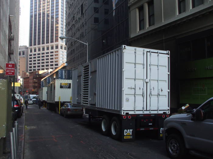 Large diesel powered electrical generators are part of the emergency response to Hurricane Sandy in the Financial District.