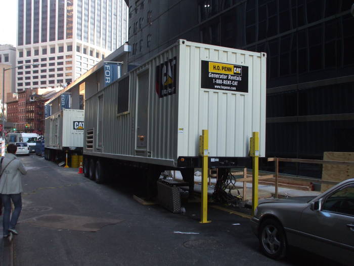 Emergency electrical power generators are attached to buildings in the Financial District.