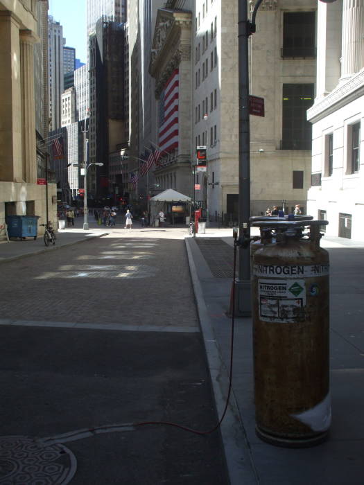 Liquid nitrogen dewars stand on Nassau Street near Wall Street and the New York Stock Exchange.