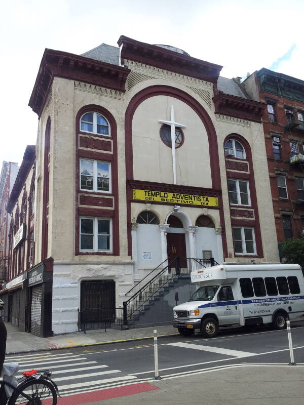 Building on the southeast corner of Delancey and Forsyth, by turns a Christian missionary society, Orthodox Jewish synagogue, and Seventh Day Adventist Church.