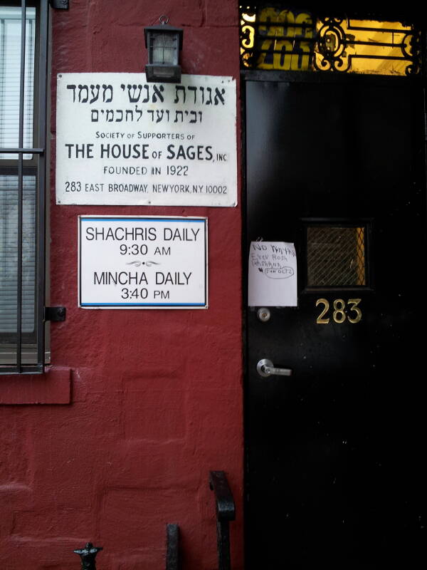 Society of the Supporters of the House of Sages on Shtiebel Row on East Broadway on the Lower East Side.