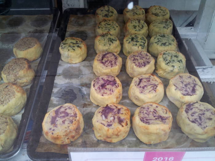 Knishes in window of Yonah Shimmel Knishery on Houston Street on the Lower East Side.