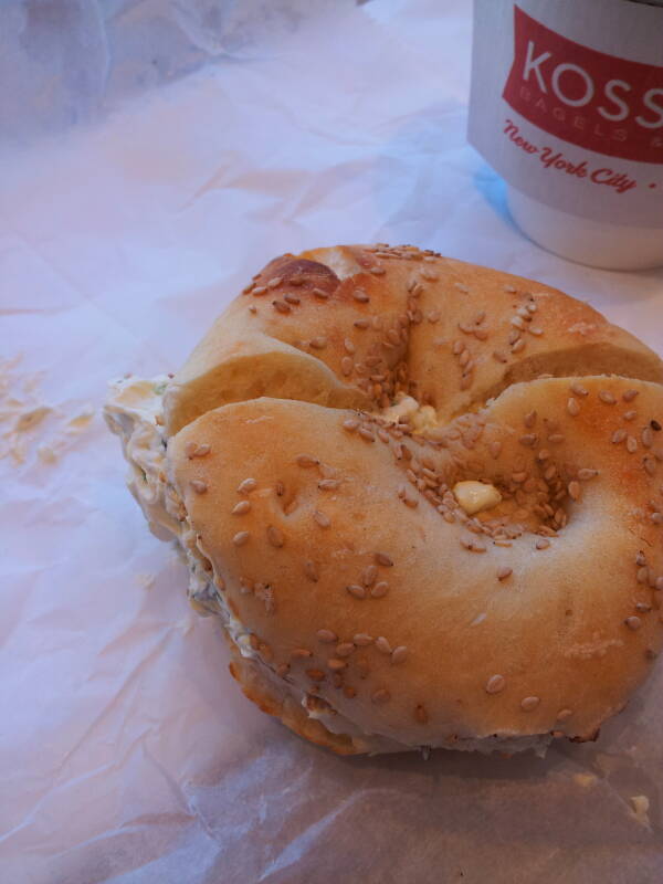Bialy with schmear and coffee at Kossar's Bialys on Grand Street on the Lower East Side.