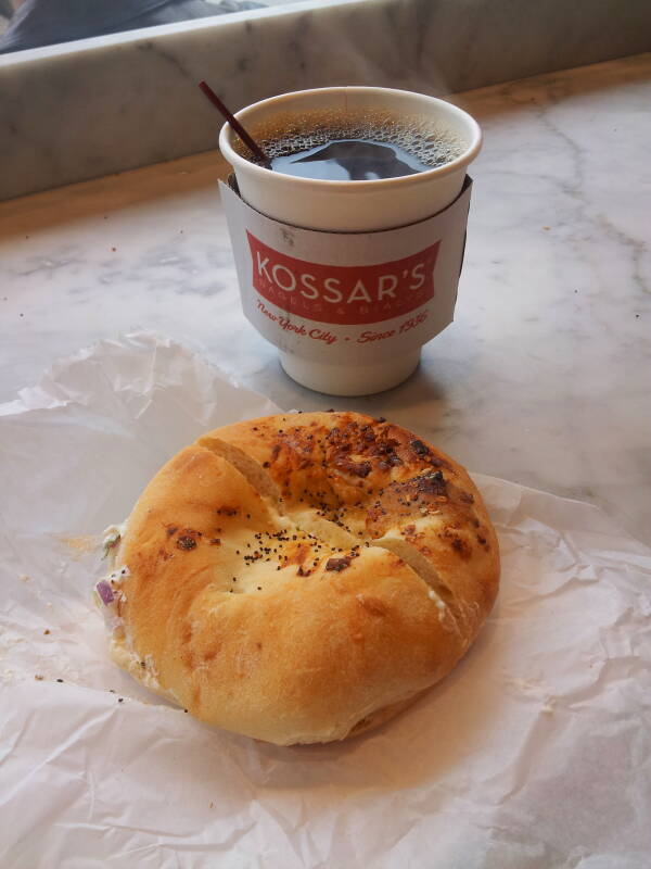 Bialy with schmear and coffee at Kossar's Bialys on Grand Street on the Lower East Side.