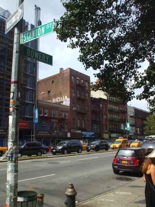 The west end of Stanton Street at Bowery on the Lower East Side.
