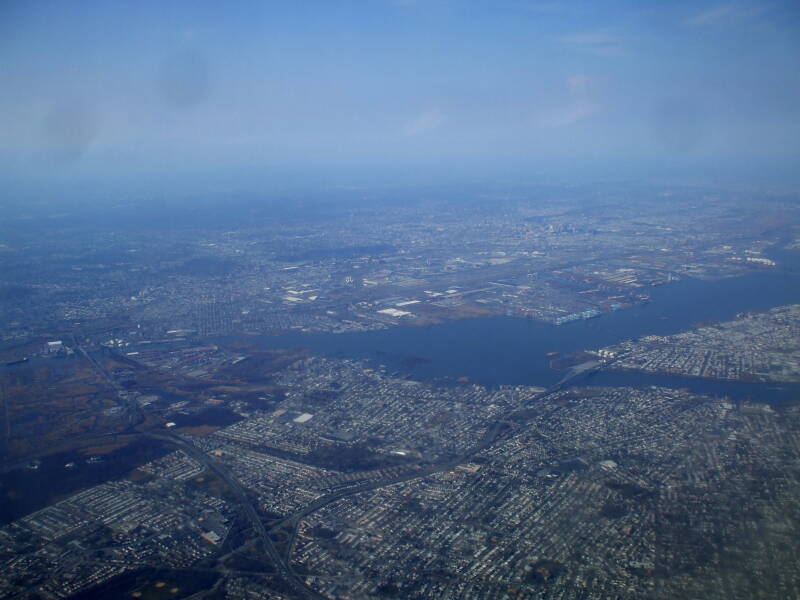 Approach to New York LaGuardia: Port Newark - Elizabeth Marine Terminal in New Jersey.