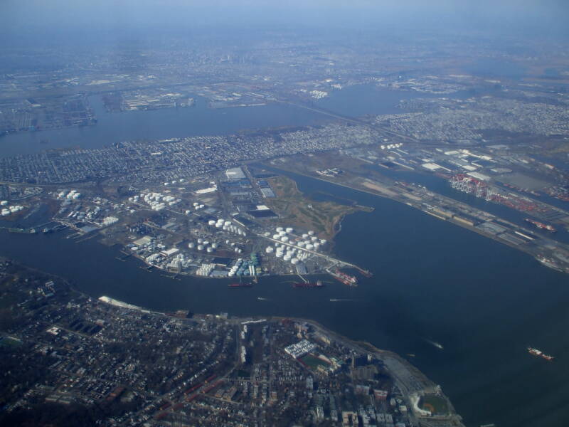 Approach to New York LaGuardia: Bayonne, Newark Bay, and Port Newark in New Jersey.