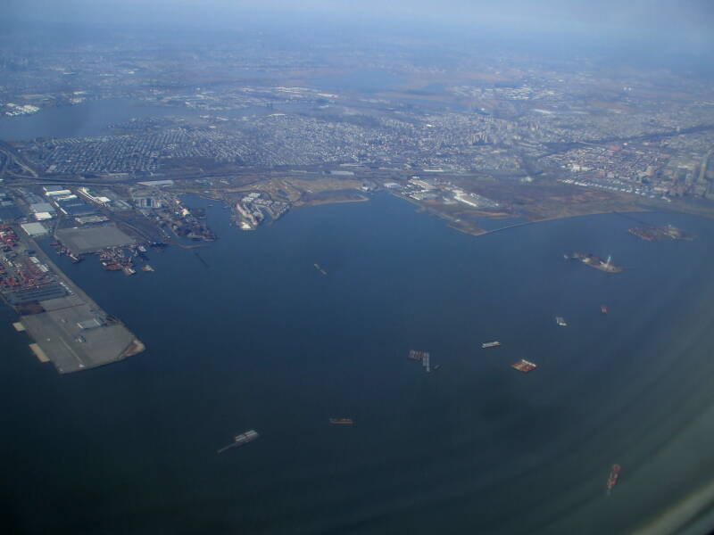 Approach to New York LaGuardia: New York Harbor, the Statue of Liberty and Ellis Island come into view.