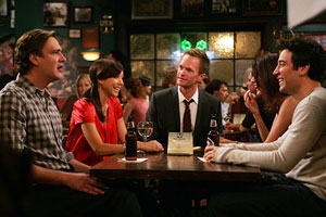 Still from 'How I Met Your Mother', set in MacLaren's bar.  Left to right: Marshall Erikson (Jason Segel), Lily Aldrin (Alyson Hannigan), Barney Stinson (Neal Patrick Harris), Robin Scherbatsky (Cobie Smulders), and Ted Mosby (Josh Radnor).