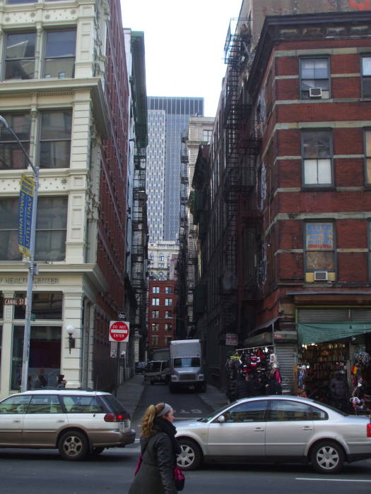 Looking south across Canal Street and down the length of Cortlandt Alley.
