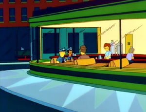 Parody of Edward Hopper's 'Nighthawk' painting of a diner at night with Simpsons characters.