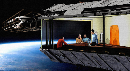 Parody of Edward Hopper's 'Nighthawk' painting of a diner at night set in low orbit with the USS Enterprise crew.