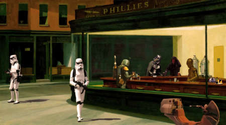Parody of Edward Hopper's 'Nighthawk' painting of a diner at night with Star Wars characters.