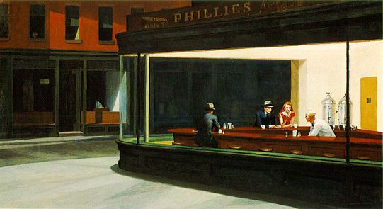 Edward Hopper's 'Nighthawk' painting of a diner at night: a lone man, a man and a woman in a red dress, and the man behind the counter sit in a brightly lit diner on a quiet night.