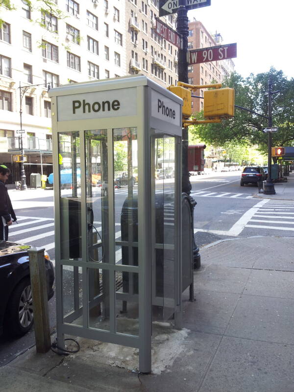 'Superman-style' full-height phone booth, one of the last 4 in Manhattan, at West End Avenue and 90th Street.