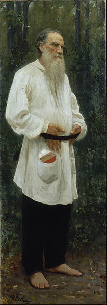Ilya Repin's painting of Tolstoy in peasant clothing from https://en.wikipedia.org/wiki/File:Ilya_Repin_-_Leo_Tolstoy_Barefoot_-_Google_Art_Project.jpg