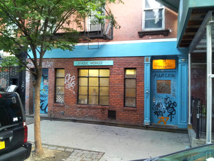 Exterior of the 'Joseph House' of the Catholic Worker organization, at 36 East 1st Street, near 2nd Avenue, in the East Village / Lower East Side area of New York.